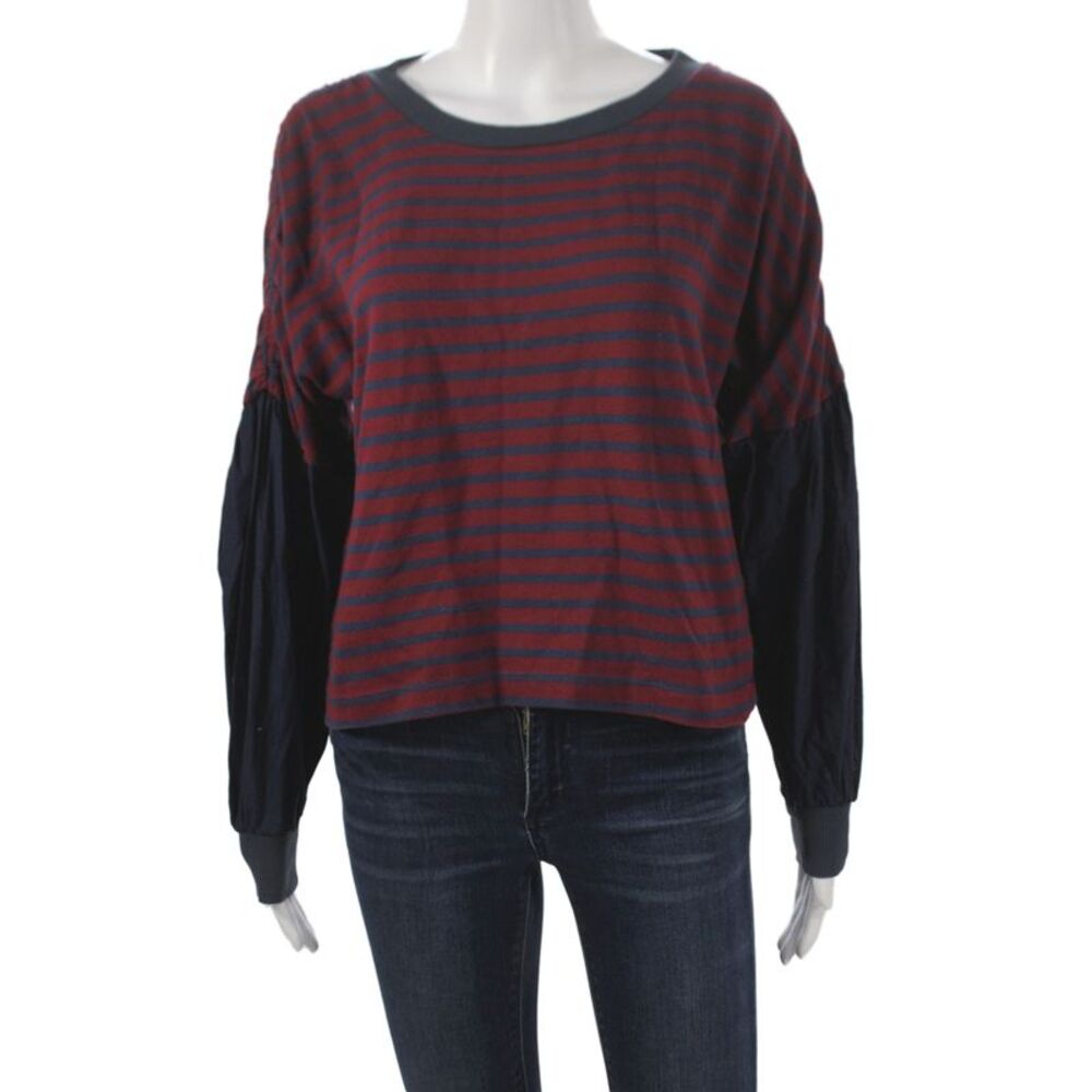 Kinly Women Basic Red Cotton Striped Round Neck Long Sleeve T-Shirt Size XS